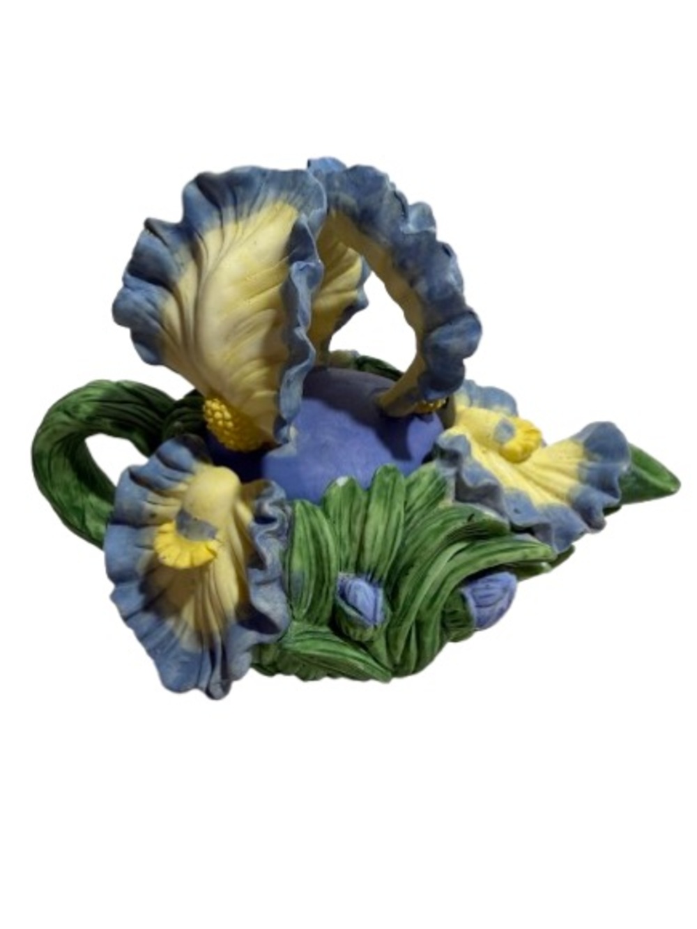 Vintage Blue and Yellow Ceramic Iris Decorative Small Teapot/Trinket/Ring Holder